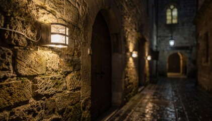 Fototapeta premium Wallmounted LED lights discreetly integrated into old stone structures main fixture crisp and detailed with medieval street elements softened in the bokeh.