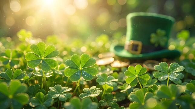 A magical leprechaun hat resting in a lush field of vibrant green clover.