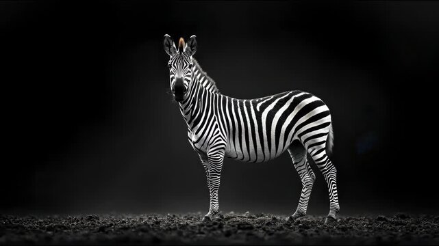 A monochrome zebra stands, black and white striped, on textured ground, against a stark black backdrop. Fine detail