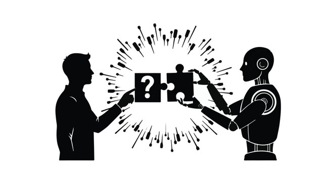 Businessman and robot connect puzzle pieces to solve a complex problem together.