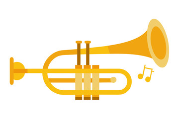 Obraz premium A vibrant yellow trumpet icon with musical notes on a white background