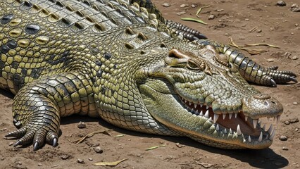 Obraz premium Close up of crocodile showing details of skin and teeth in natural habitat