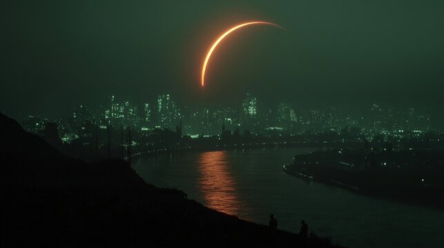 A glowing crescent eclipse hangs above a misty city waterfront, reflecting on dark water in a cinematic night atmosphere.