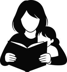Black and white illustration of a woman reading a book with a child on her back isolated on transparent background