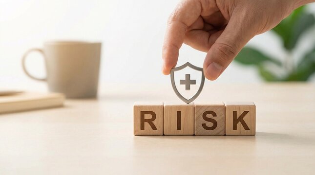 Hand holding shield over word RISK for the concept of Healthcare and Insurance.