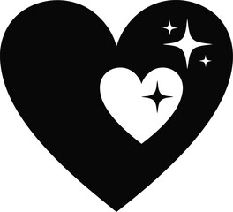 Black heart with white heart and sparkles isolated on transparent background