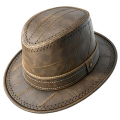 Vintage brown leather fedora hat with wide brim and stitching details