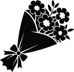 Black and white illustration of a bouquet of flowers isolated on transparent background