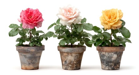 Three potted rose plants with colorful blooms roses