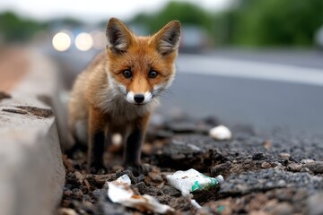 Fototapeta premium Young Red Fox Standing Beside Cracked Asphalt Road with Windblown Plastic