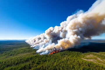 Fototapeta premium Wildfire Advancing Through Forest Landscape with Smoke and Flames in Background