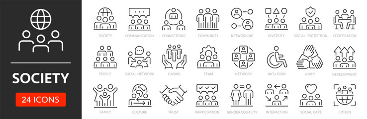 Society line icon set. Editable Stroke. Community, people, cooperation, unity, social, network - stock vector. © Comauthor