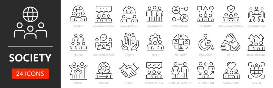 Society line icon set. Editable Stroke. Community, people, cooperation, unity, social, network - stock vector.