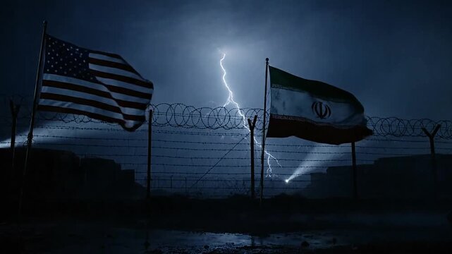 Dramatic encounter of the flags of the United States and Iran under a stormy sky with lightning