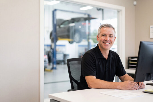 Auto Shop Manager Sitting at Desk with Computer and Smiling 