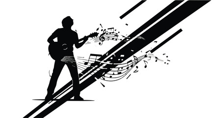 Fototapeta premium Guitarist silhouette performs music surrounded by abstract flowing note symbols.