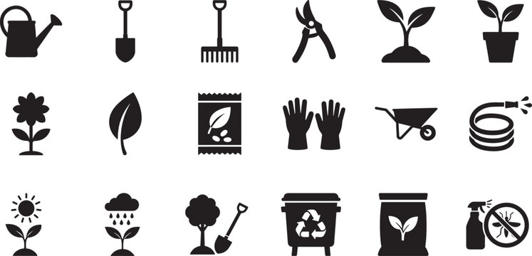 Gardening icon set with plants, tools, and garden elements for nature, landscaping, and web UI design