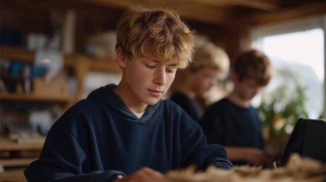 Children are engaged in a woodworking class, crafting projects from plywood, showcasing educational uses of the material for fostering creativity and skill development. cinematic color correction,