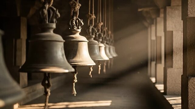 Serene row of traditional bronze temple bells bathed in sunlight