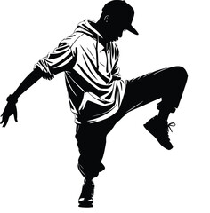 Hip Hop Dancer Dynamic Pose Silhouette, Urban Street Dance Movement Black White Vector