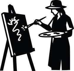 Artist Painting on Canvas Silhouette, Creative Painter Art Process Black White Vector Illustration
