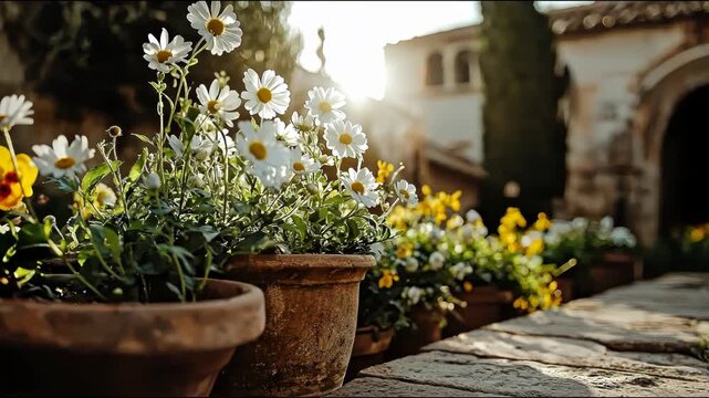 A sunlit garden scene with potted white daisies and yellow flowers on a stone path, with blurred buildings in the background