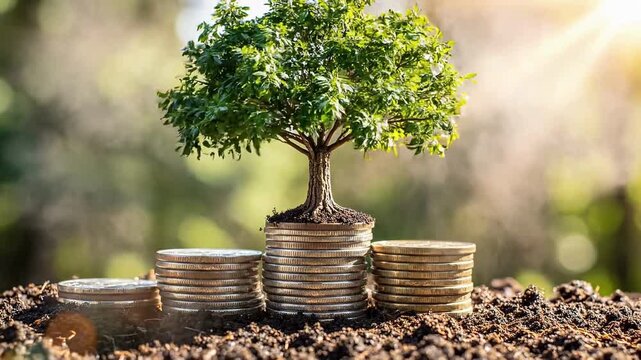 Small tree growing on stack of coins in soil, representing financial growth and investment
