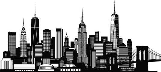 Fototapeta premium New York City skyline with Brooklyn Bridge cityscape new york city, skyline, brooklyn bridge, cityscape, buildings, skyscrap, black and white, urban, architecture, iconic, famous, city, landscape, yor