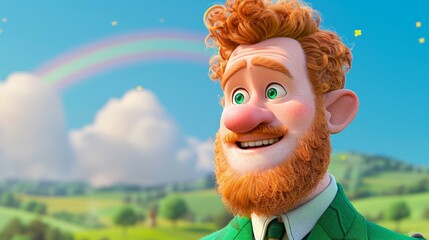 Fototapeta premium Cartoon character with curly orange hair and beard in a green suit smiles in a colorful landscape featuring a rainbow and rolling hills for St. Patrick's Day