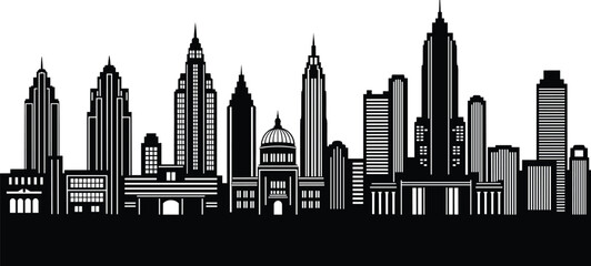 Obraz premium Black and white city skyline with skyscrapers and domed building city, skyline, skyscrapers, buildings, urban, architecture, black, white, silhouette, cityscape, metropolitan, downtown, spires, domed 