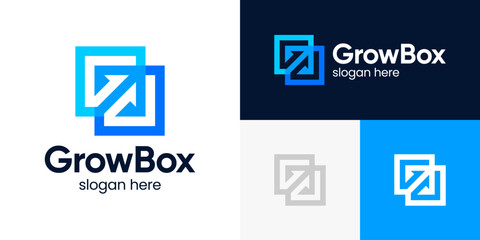 Modern growth logo design template. Colorful arrow abstract shapes logo design with box graphic vector illustration. Symbol, icon, creative