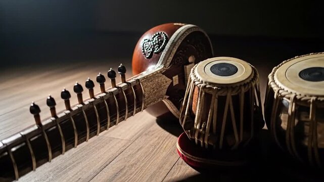 Traditional Indian sitar and tabla drums on wooden surface