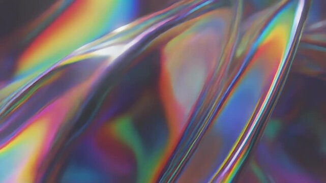 A close-up of a vibrant holographic surface with iridescent rainbow colors and fluid reflections.