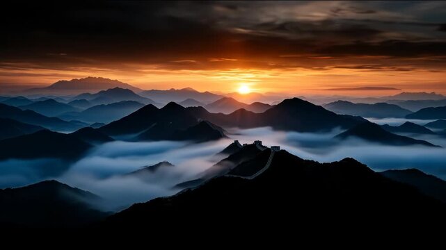 A majestic sunset illuminates a mountain range with a prominent wall. Clouds fill valleys, creating a layered, serene landscape