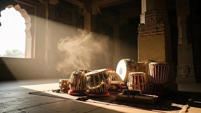Ancient Indian drums and instruments illuminated by sunlight inside a historical temple