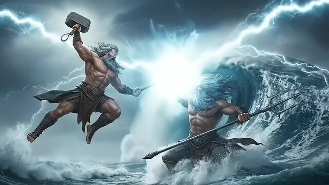 Thor Battles Stormy Sea with Lightning.