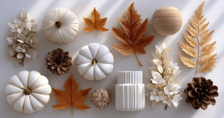 3D Render of Seasonal Fall Decorations with Leaves and Pumpkins in Flat Lay Arrangement