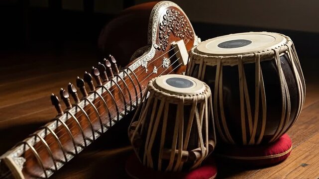 Traditional Indian Musical Instruments: Sitar and Tabla Set
