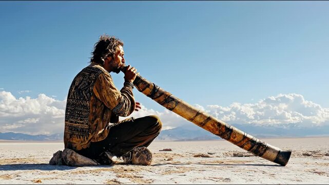 A person plays a long wood instrument, seated, in a desert with a clear sky and fluffy clouds