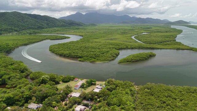 Drone view of the historic village of Ararapira - from the 18th century - and mangroves on the banks of the Ararapira River - Superagui Island - Guaraque&ccedil;aba, Paran&aacute;, Brazil