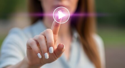 Woman's finger touching a glowing play button icon with a purple glow