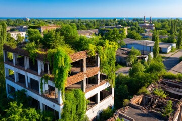 Aerial View of Abandoned Factory Ruins Surrounded by Lush Vegetation