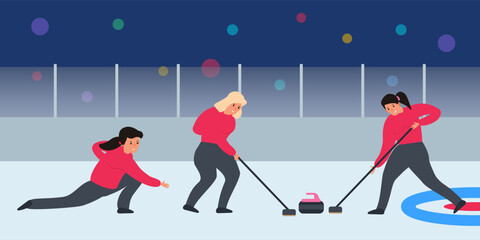 curling sport women players on ice rink vector illustration