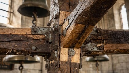 Closeup of joint repairs on a timber bell frame holding multiple bells with visible wood grain and hardware details sharply contrasted against outoffocus tower elements.