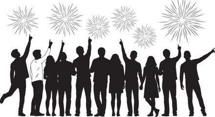 Black silhouettes of people pointing at fireworks celebration