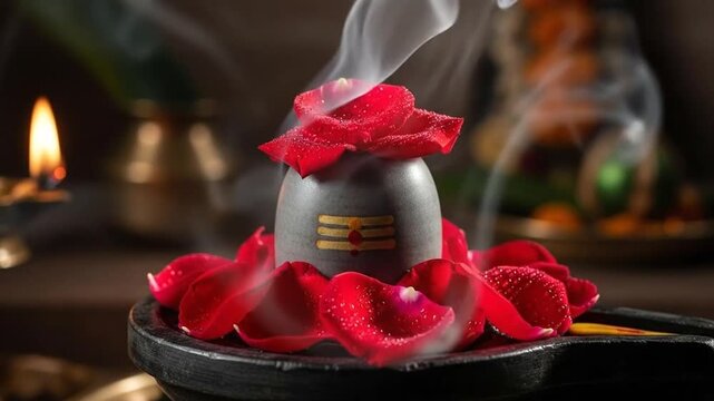 Decorative black and red porcelain vase surrounded by rose petals