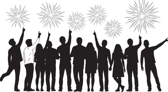 Black silhouettes of people pointing at fireworks celebration