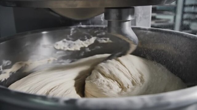 Industrial dough mixer kneading bread dough in a bakery