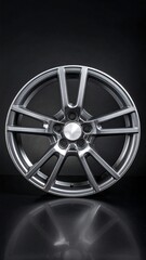 Obraz premium Sleek Silver Alloy Wheel on Reflective Black Surface.