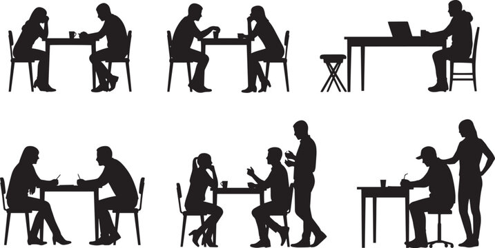 Black silhouettes of people sitting at tables and chairs in various positions